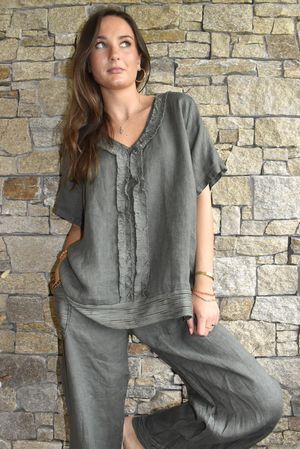 Benji Linen Wave Y Tee Khaki